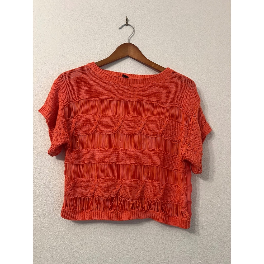 Takeout Knit Crochet Open Weave Short Sleeve Coral Top‎